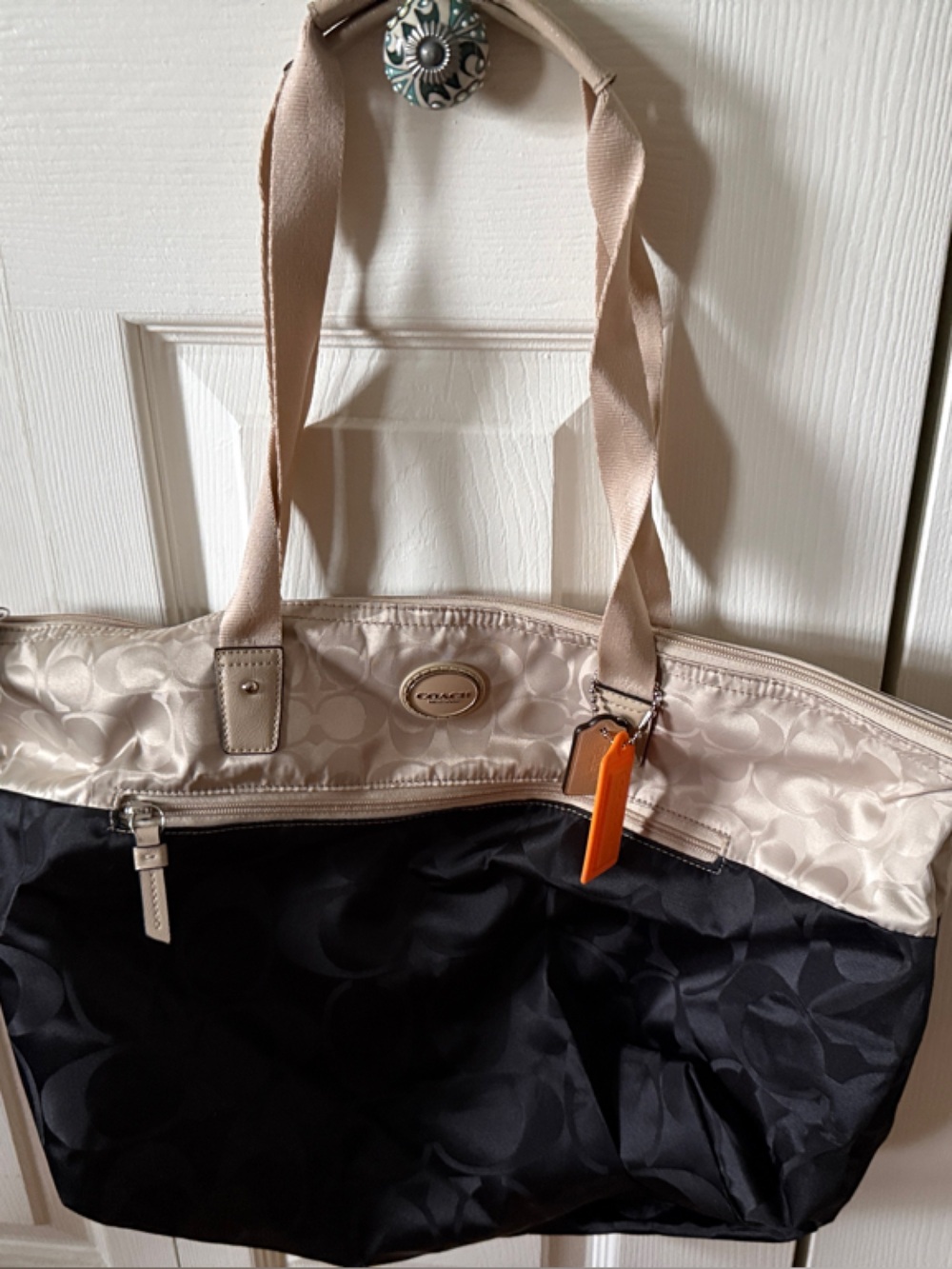 Coach Beige and Black Tote with Signature Trim
